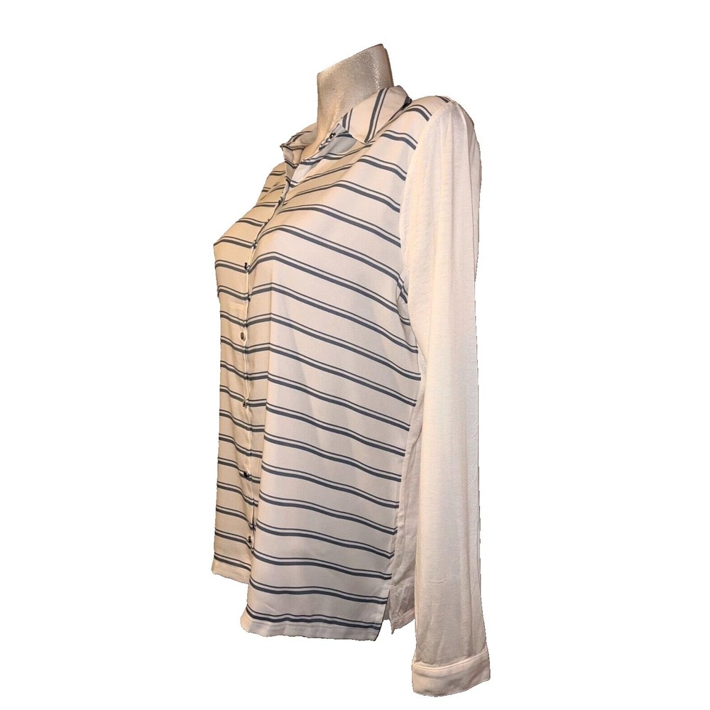 Ann Taylor Striped Button Up Shirt Women's Size L Long Sleeve Collared Top Blue - Picture 4 of 9